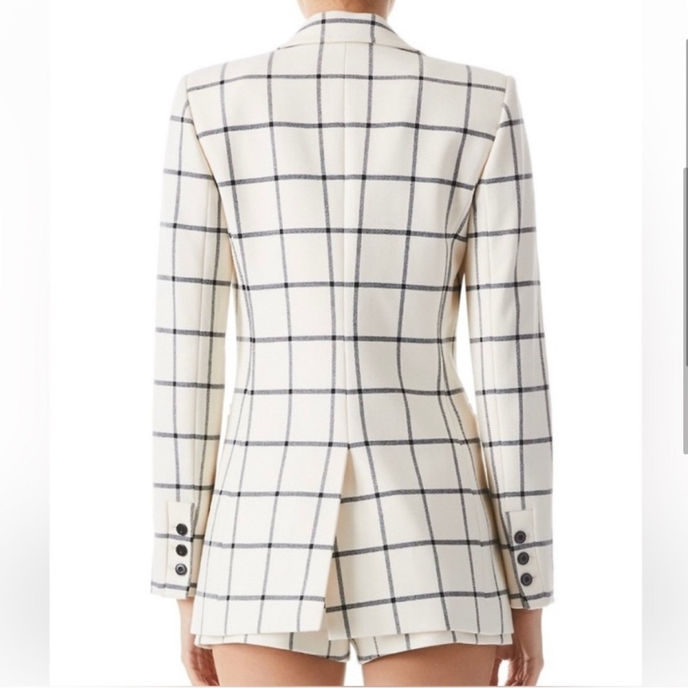 Alice and Olivia Breann Padded Shoulder Blazer Sz 12 Window Pane Plaid White - Picture 3 of 11